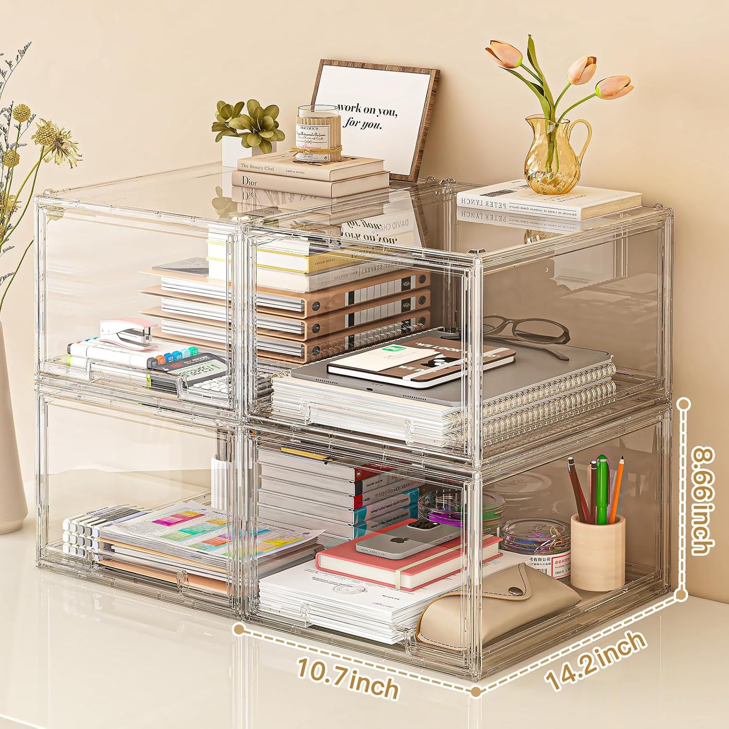 2 Packs Plastic Stackable Storage Drawers, Clear Desktop Drawer Organizers, 2 Drawer Storage Organizer, Make up Organizer with Drawers, Arcylic Drawers Organizer for Office Supplies, School, Home