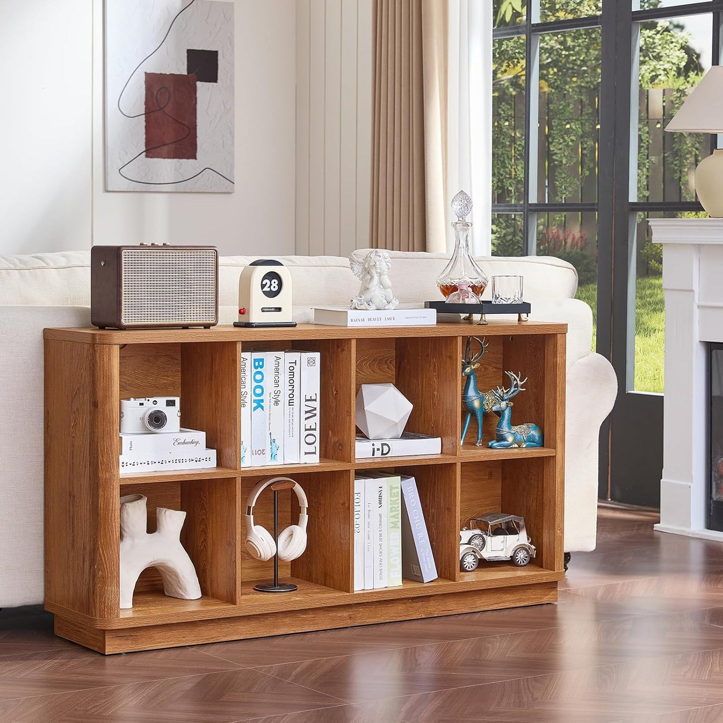 8 Cube Storage Book Shelf, 52" Long Horizontal Bookshelf with Curved Edge, Floor Standing Wooden Cubby Bookcase with Base, Modern Low Console Book Case, TV Stand for Living Room, Brown