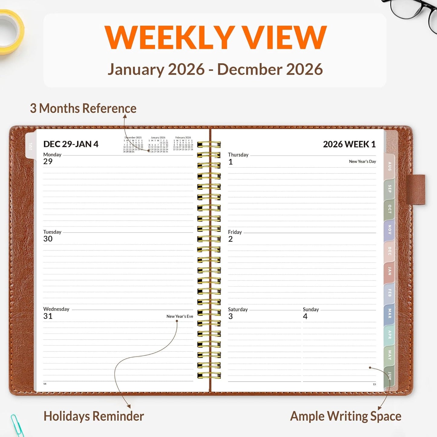 SUNEE 2026 Weekly & Monthly Planner 6.4"x8.5"- 12 Month (January 2026 - December 2026), Vegan Leather Cover, Pocket, Bookmark, Notes, Monthly Tab, Brown