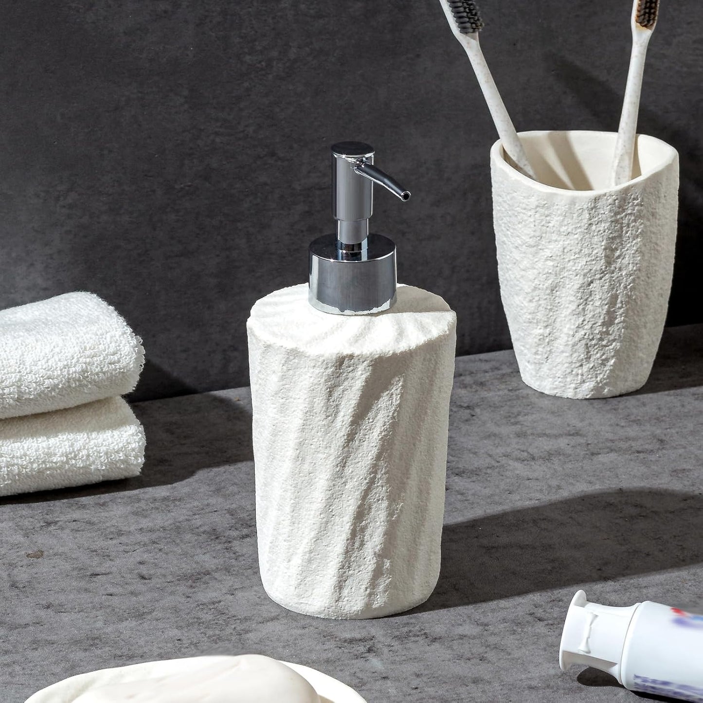 Soap Dispensers 340mL 11.5 OZ, 2 PCS Luxurious Hand Dish Lotion Shampoo Soap Dispenser Jar, Natural Stone Look Soap Pump Bottles for Kitchen Bathroom Countertop (White)