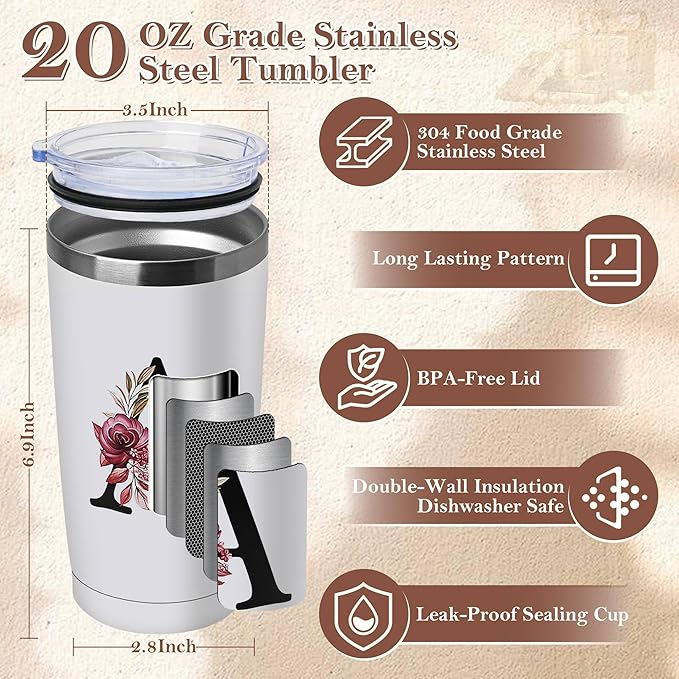 20 Oz Letter Insulated Coffee Cup with Lid Car Tumbler Travel Mug Happy Birthday Personalized Gifts Women Adult Who Have Everything Want Nothing Mom Cool Unique Special Christmas Initial Present