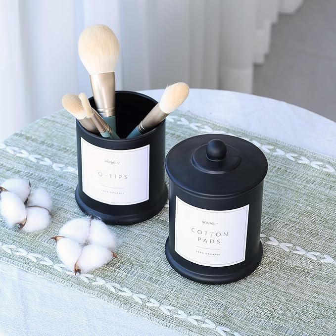 Qtip Holder & Cotton Pad Dispenser, Bathroom Organizer and Storage Canisters, 16oz Glass Apothecary Jars for Kitchen, Restroom - Home Decor Accessories, Room Decor Aesthetic (2 Pack, Black)