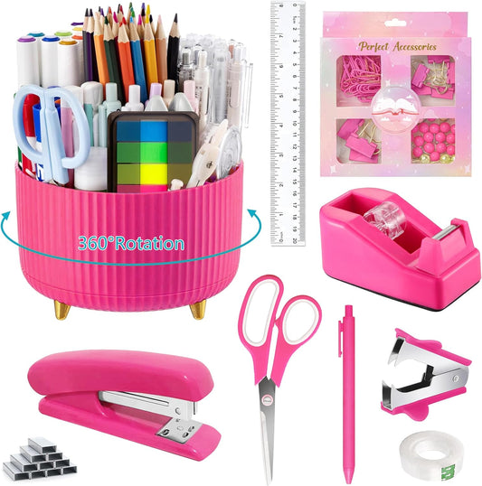Hot Pink Desk Accessories, Hot Pink Office Supplies 360°Pen Holder Desk Organizers and Accessories with Tape Dispenser, Stapler, Staple Remover, 1000 Staples, Tape, Clips Set, Ruler, Scissor, Pen