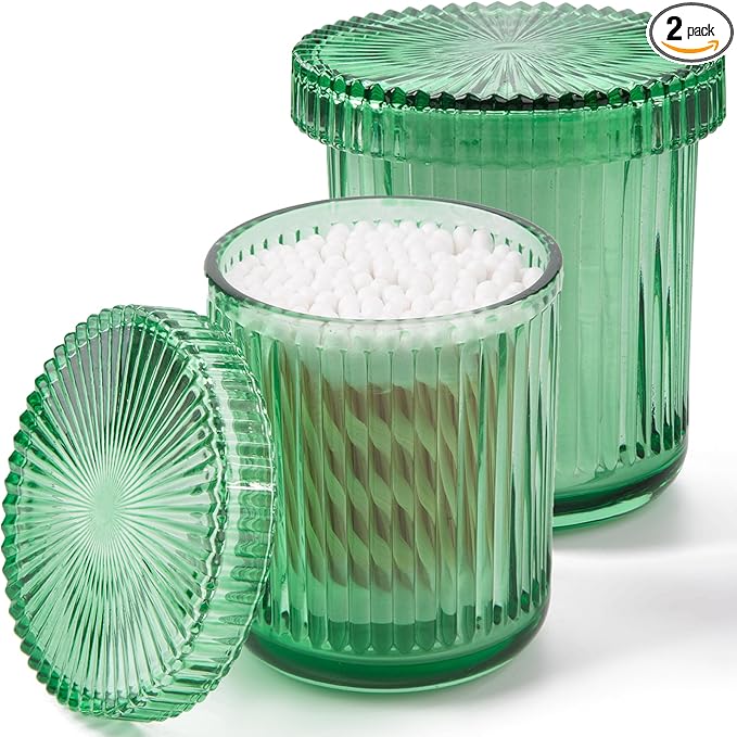 2 Pack Glass Qtip Holder Dispenser Set - Bathroom Organizer for Cotton Swabs, Balls, Pads, Floss Picks - Clear Apothecary Jars for Vanity, Makeup Storage, Bathroom Accessories Decor (Green)