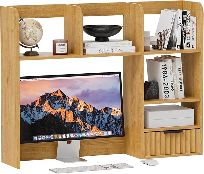 Desktop Bookshelf, Wood Desk Shelf with Fluted Drawer and 5 Shelves, Countertop Desk Hutch for Computer Desk, 3-Tier Display Rack Desk Shelf Storage Organizer for Dorm, Office, Natural Oak