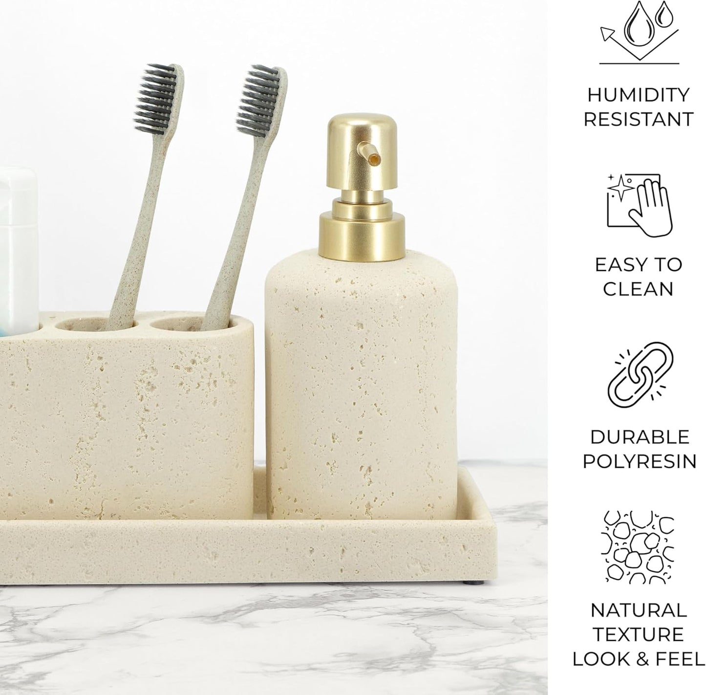ZCCZ -Beige Bathroom Accessories Set 4 Pcs - Toothbrush Holder, Soap Dispenser, Vanity Tray, Bathroom Tumbler - Countertop Vanity Organizer - Bathroom Accessory Set- Toothbrush Holder Set, Stone Sets