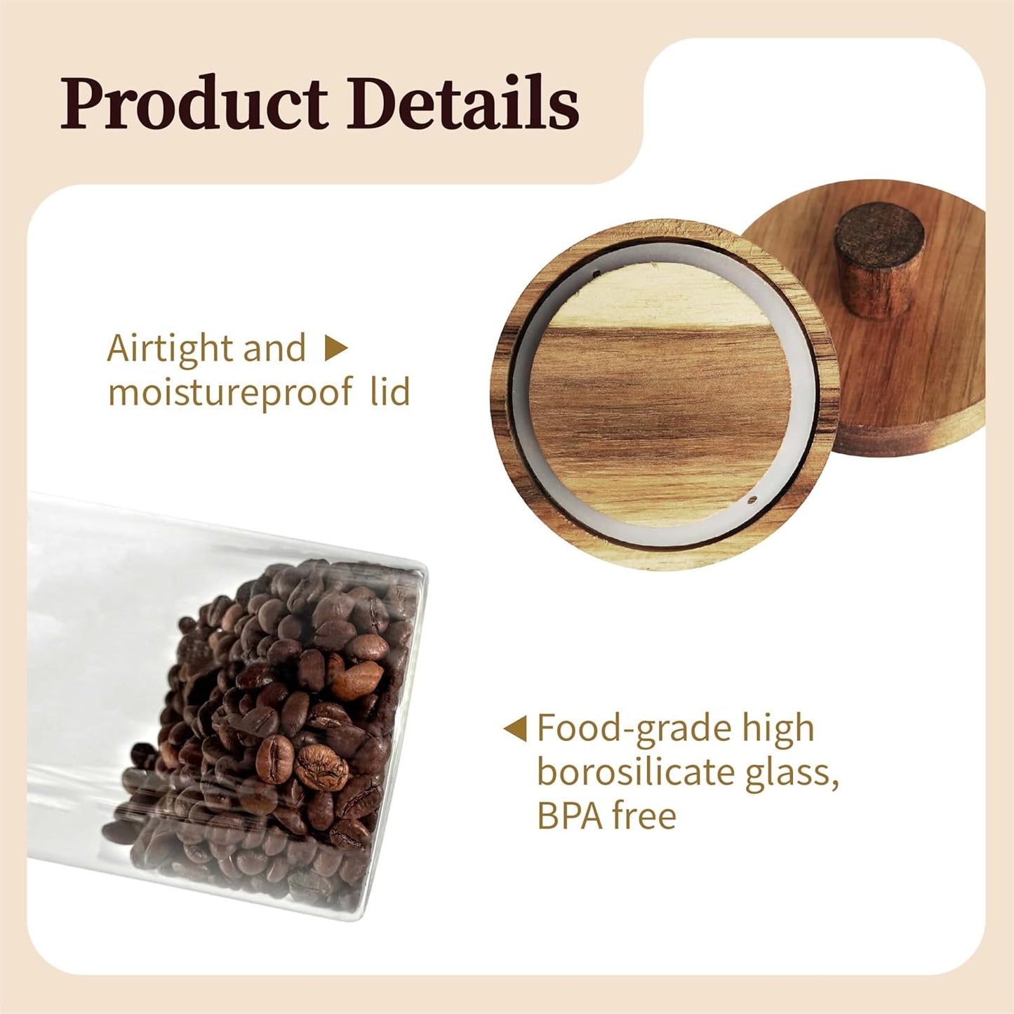 Glass Food Storage Jar with Acacia Wooden Lid and Spoon, Airtight Container for Cereals, Cookies, Snacks, Kitchen Canister Set (2 Pcs, Large/25oz)