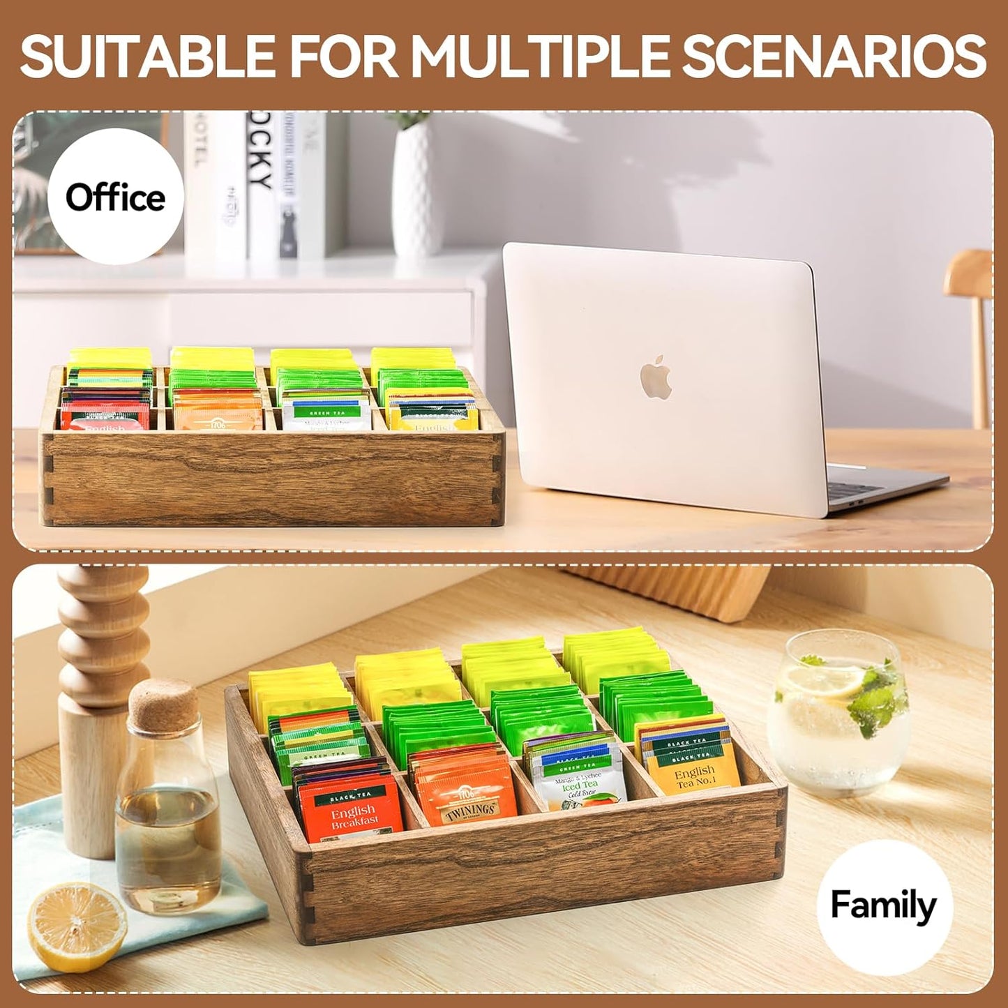 KIRIGEN Wood Tea Organizer 12 Compartments Tea Bag Holder Wooden Tea Bag Storage Box for Home and Office CYH12-DBR