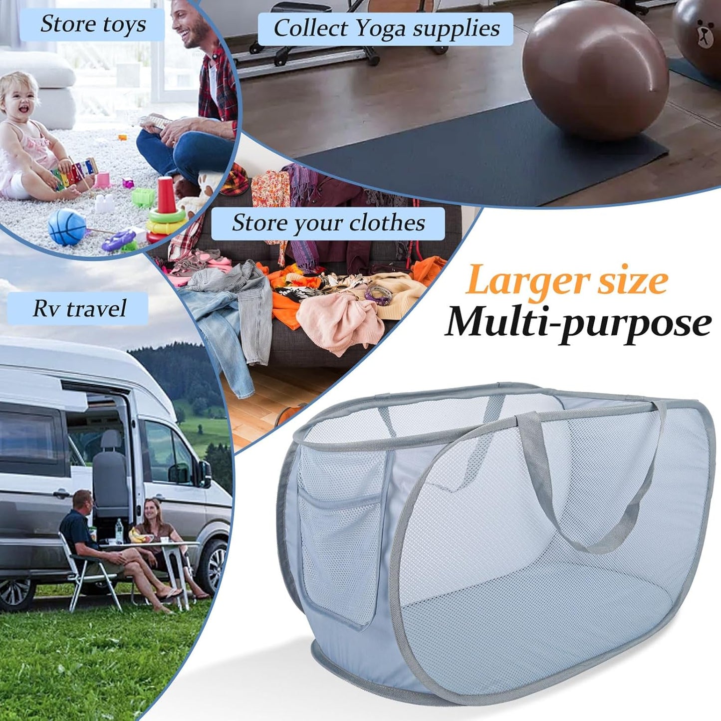 Extra Large Mesh Pop Up Laundry Hamper 2 Pack, 100L Foldable Laundry Baskets, Dirty Clothes Hamper with Pocket, Collapsible Hampers for Travel, Nursery, Dorm or Home. Grey 2H