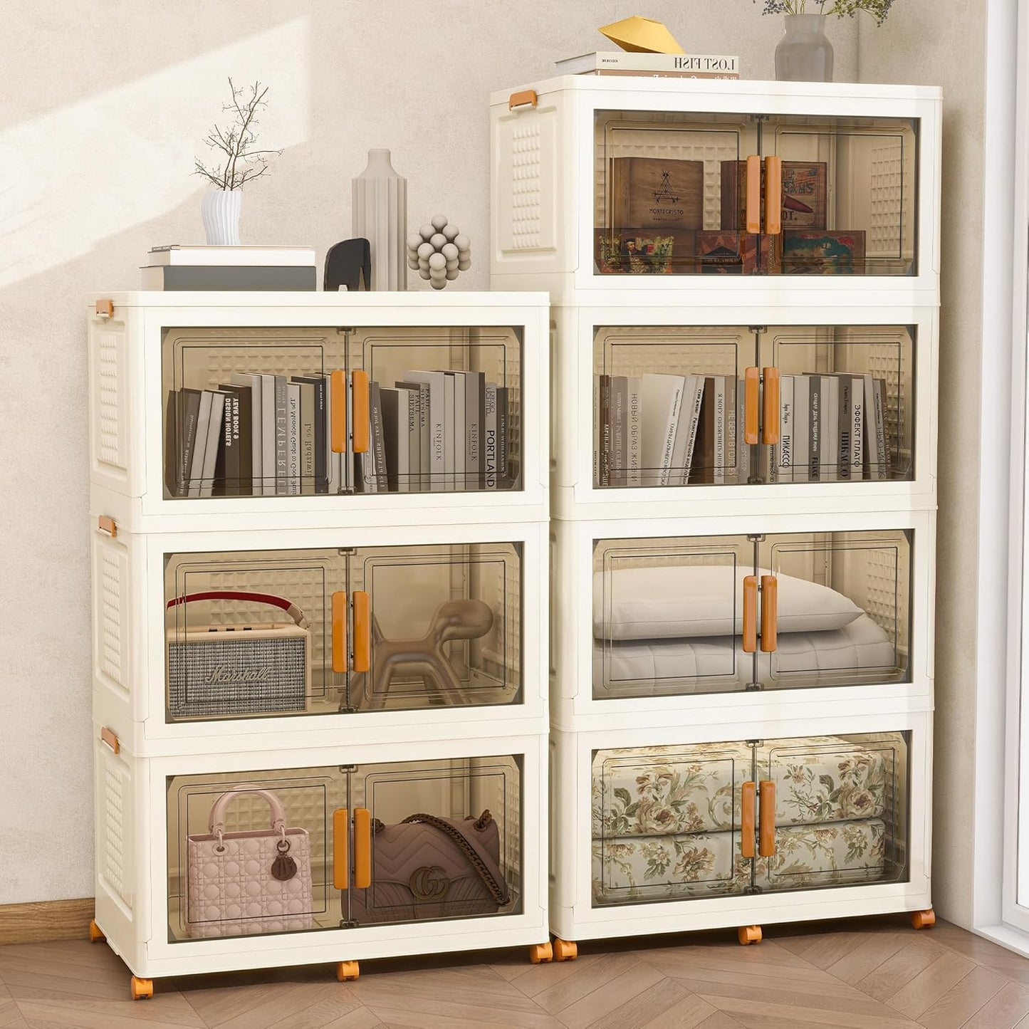 Plastic Stackable Storage Bins with Lids and Wheels, Foldable Closet Organizers and Storage Containers, Collapsible Clear Drawer Storage Cabinet with Doors White 114Gal