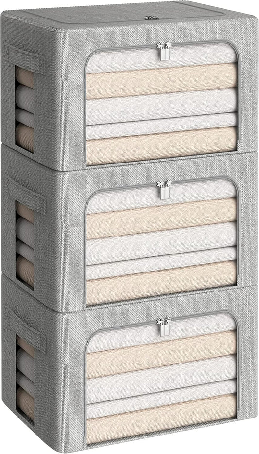 CYhom 3Pack Foldable Storage Bins - Frame Storage Box Linen Fabric Stackable Clothes Container Organizer with Clear Window & Carry Handles Large Capacity (Medium-36L, Light Grey)