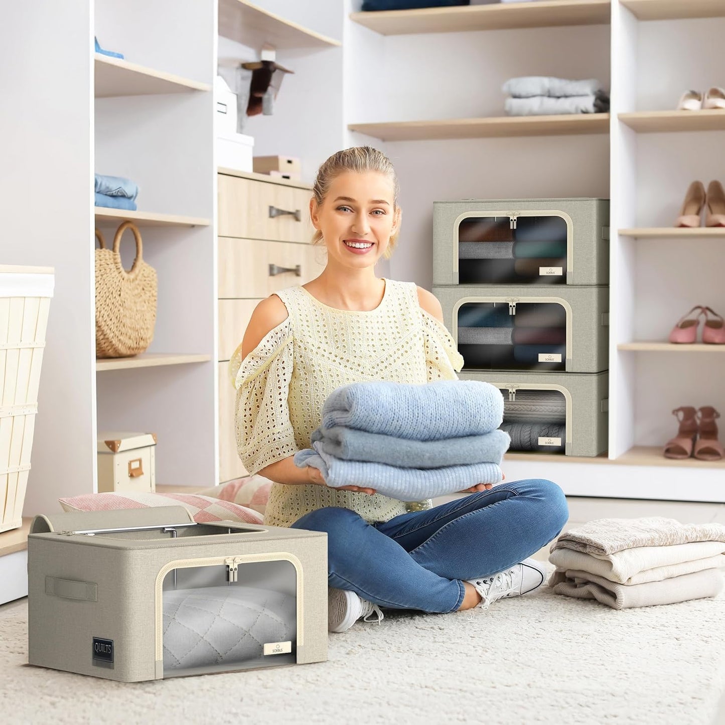 Sorbus Storage Bins with Metal Frame - Stackable & Foldable Clothes Organizer Bags - Oxford Fabric Storage Containers with Large Clear Window & Carry Handles, Bedroom Organization for Bedding & Linen