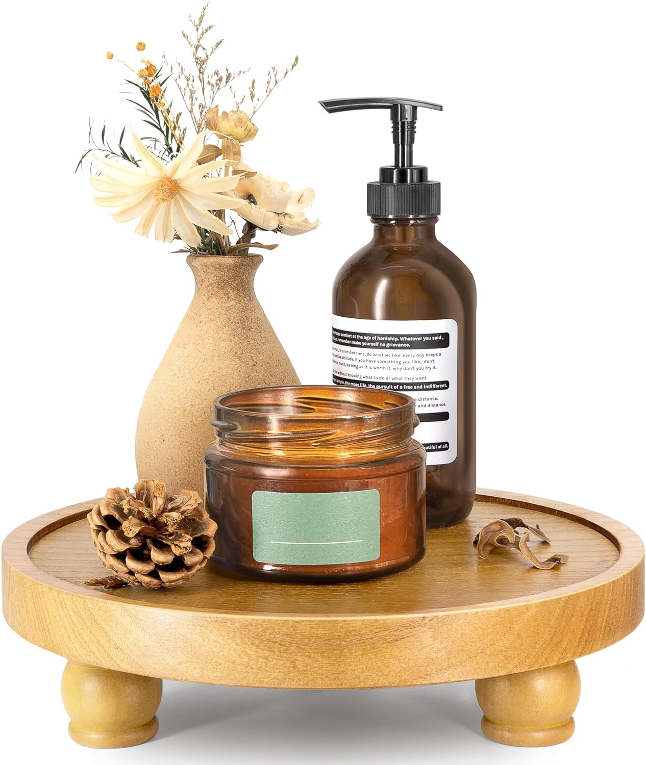 EOSAHR Farmhouse Round Wood Riser – Wooden Tray Pedestal Stand for Bathroom Decor & Kitchen Sink – Decorative Riser Display Stand for Cupcake, Candle and Sponge (Light Brown)