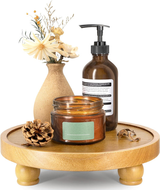 EOSAHR Farmhouse Round Wood Riser – Wooden Tray Pedestal Stand for Bathroom Decor & Kitchen Sink – Decorative Riser Display Stand for Cupcake, Candle and Sponge (Light Brown)