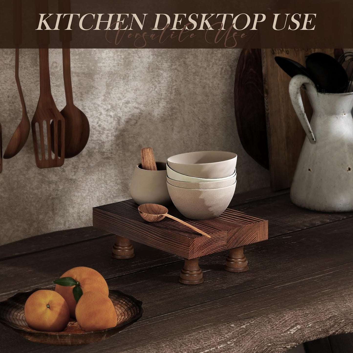 EOSAHR Farmhouse Pine Wood Risers for Decor in Kitchen & Bathroom - Risers Display Stands for Home Decor - Stylish Perfume Organizer for Placing Soap Dispenser on Small Vanity (Brown, 8.5")