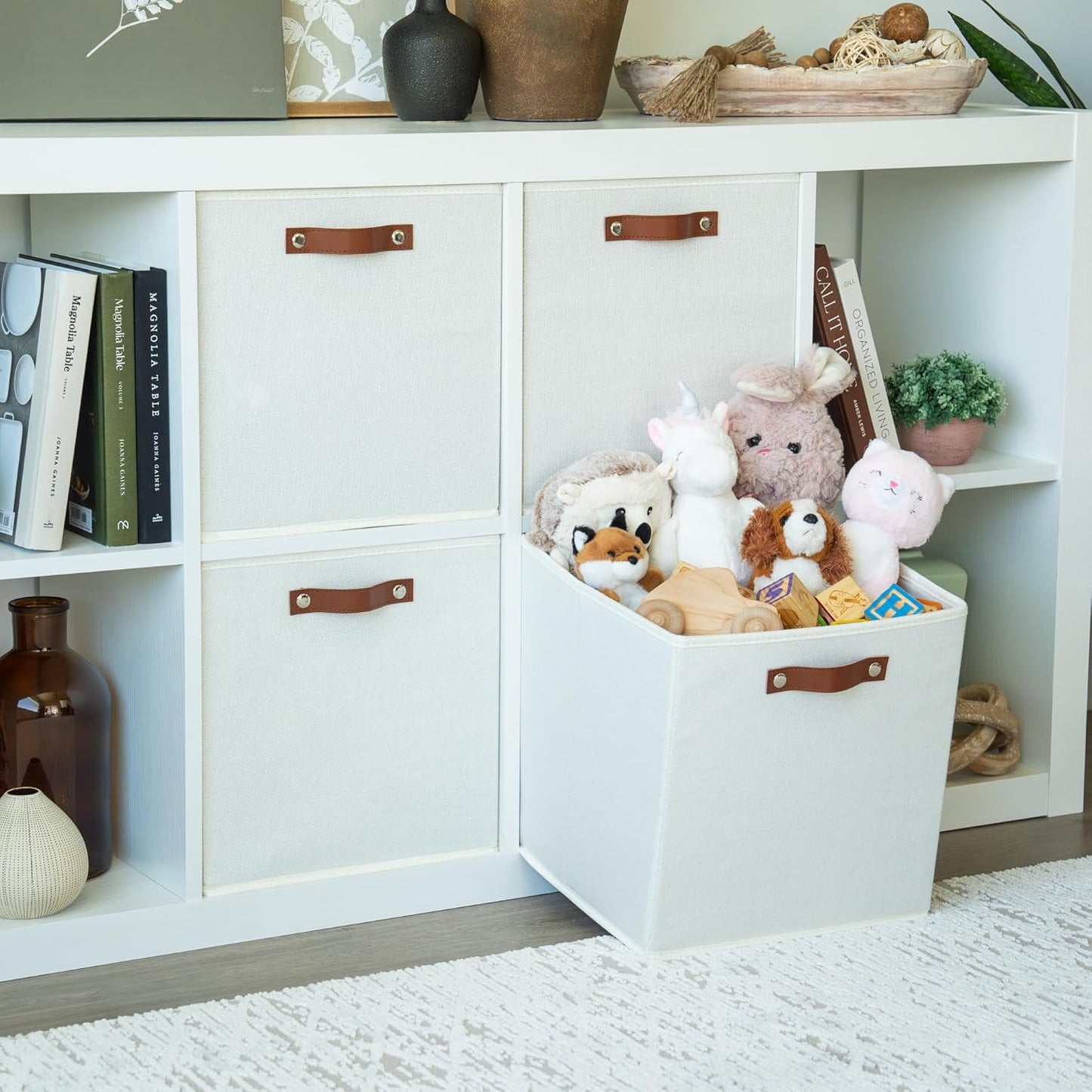 OrganiHaus 13" x 13" x 13" Cube Fabric Storage Bins Set of 4, Canvas Storage Cubes w/ Vegan Handles, 13 inch Collapsible Bins for Clothes & Toy Organizer, 13x13 Basket for Decor - White