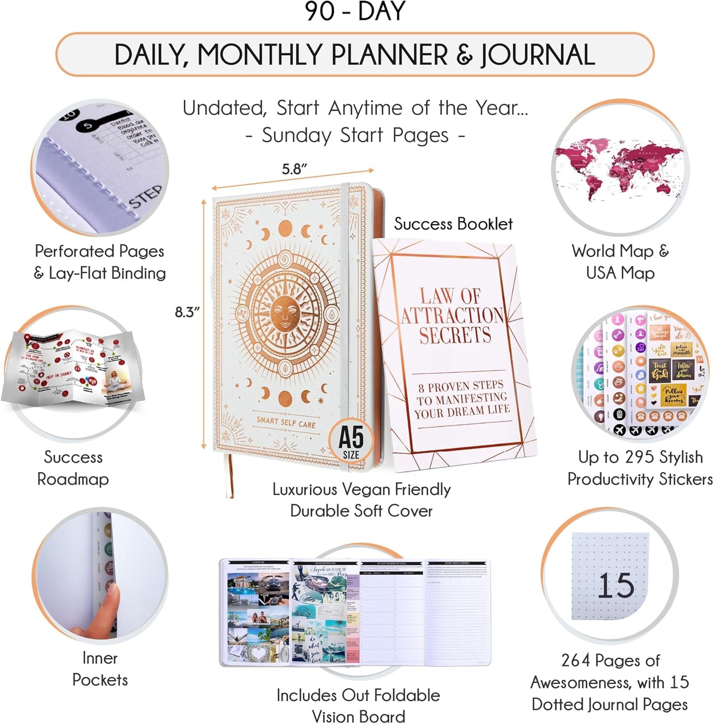 Self Care Journal - 5 Minute Mental Health & Manifestation Journal | 90-Day Undated Daily Planner for Positivity, Affirmations & Gratitude | Guided Mindfulness, Reflection | Vision Board + Stickers