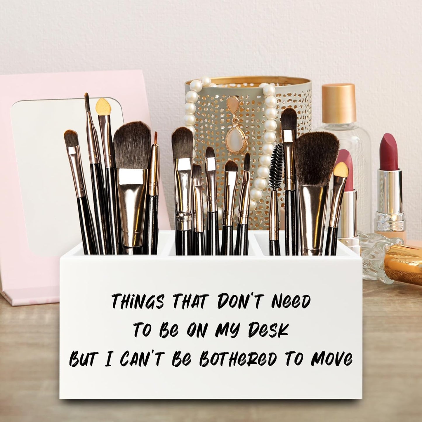 Funny Office Pen Pencil Holder Organizer for Desk, Humorous Gifts for Women Men, Funny But I Can't Be Bothered to Move Wooden Box Signs Decorations for Home Office Desk Tabletop