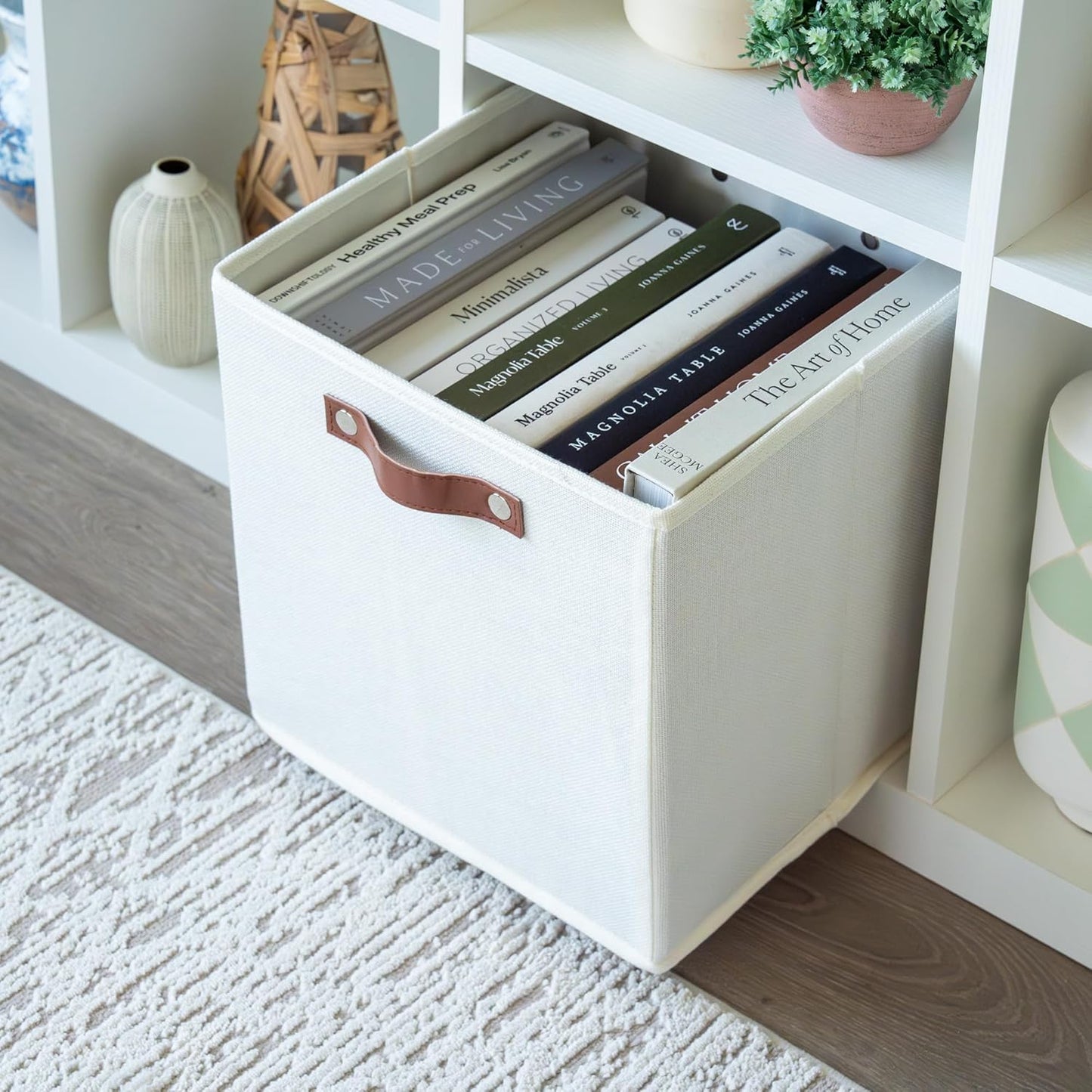 OrganiHaus White 12" x 12" x 12" Fabric Cube Storage Bins - Set of 4, Cube Fabric Organizer Bins with Vegan Handles, Kallax Storage Cubes, Cubbies Organizer Boxes, 12Inch Cubic Baskets for Shelves