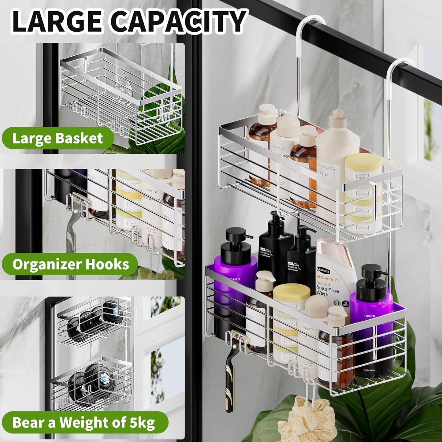 SHANSHUI Shower Hanging Caddy, Double Bathroom Showers Organizer Basket, Shampoo Bracket, Over Door Shower Rack with Hooks, 304 Stainless Steel Rustproof