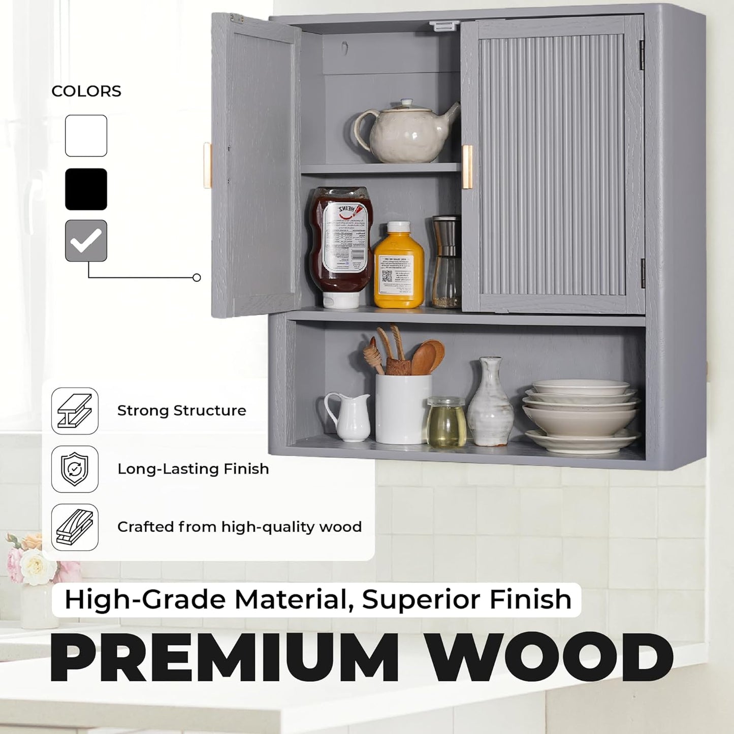 Bathroom Storage Cabinet – Pre-Assembled Wall-Mounted Medicine Cabinet with 2 Doors and Fixed Shelf, Over-The-Toilet Floating Organizer for Bathroom, Living Room, Kitchen, Laundry (Grey)