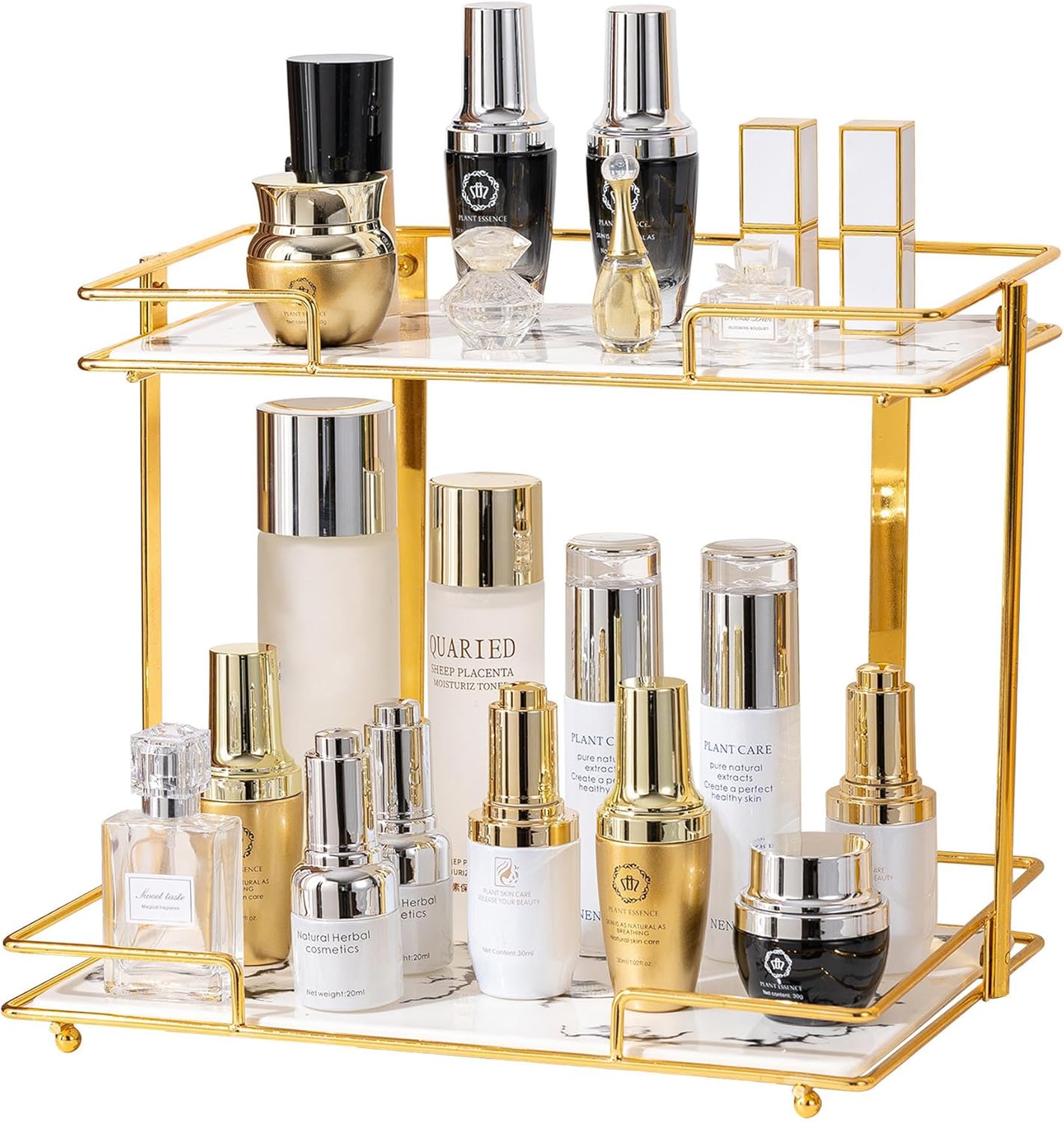 2 Tier Bathroom Cabinet Countertop Organizer Perfume Lipstick Makeup Organizer Cosmetics Storage Display Rack Vanity Tray Metal Dresser Storage Shelf White Marble Ceramic Tray Golden