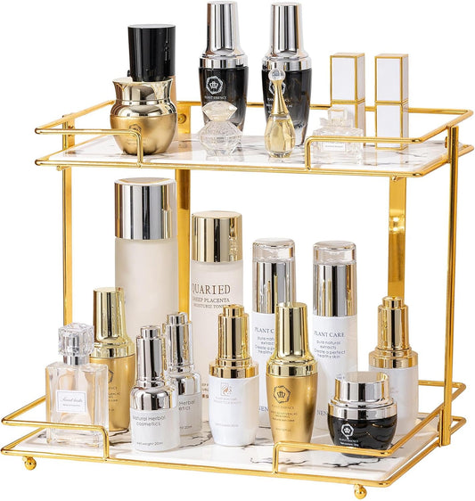 2 Tier Bathroom Cabinet Countertop Organizer Perfume Lipstick Makeup Organizer Cosmetics Storage Display Rack Vanity Tray Metal Dresser Storage Shelf White Marble Ceramic Tray Golden