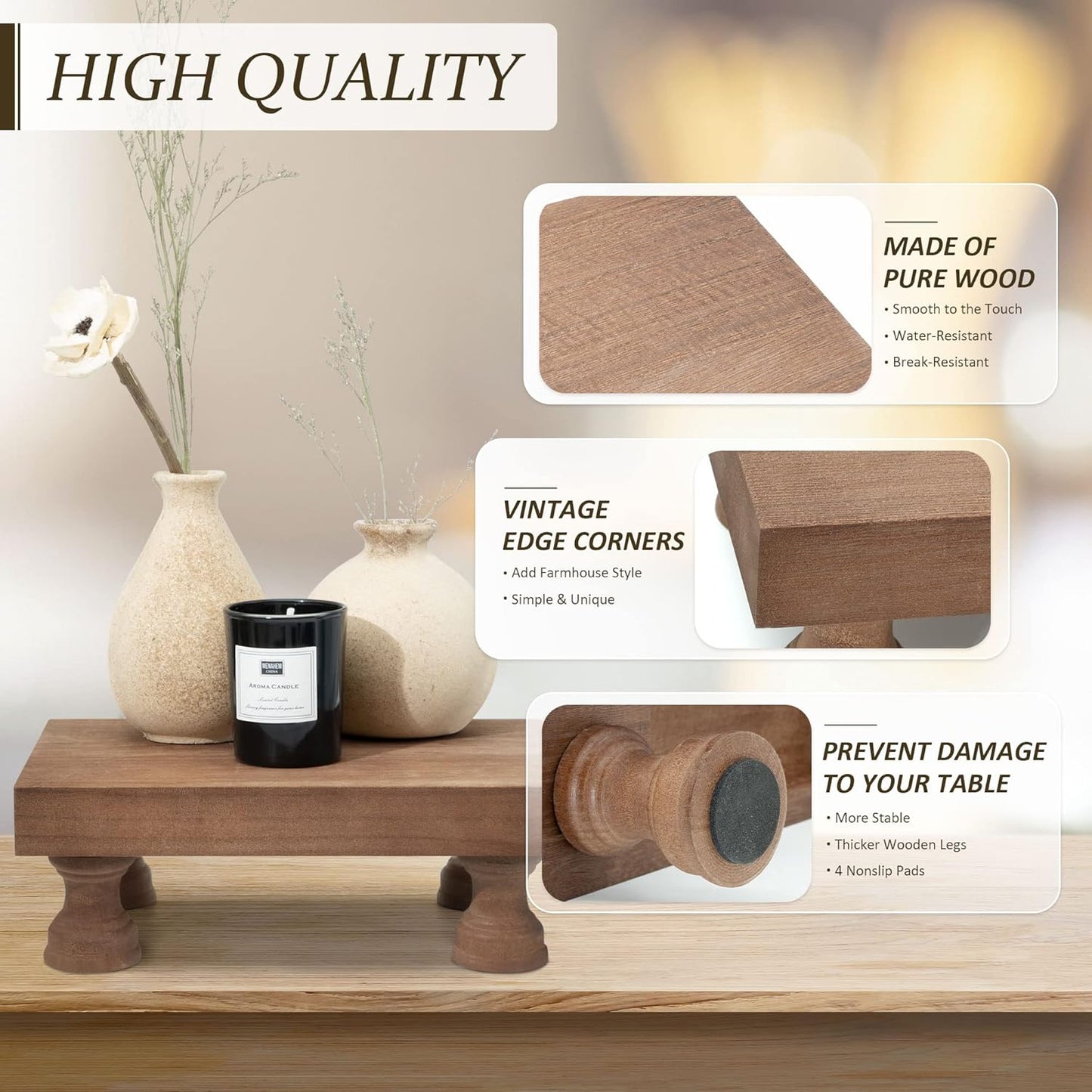 EOSAHR Decorative Wood Riser for Room Decor : Modern Farmhouse Pedestal Stand For Display Your Home Decoration and Soap Stand - Retro Wooden Tray for Bathroom and Kitchen Counter Decor (Rustic Brown)