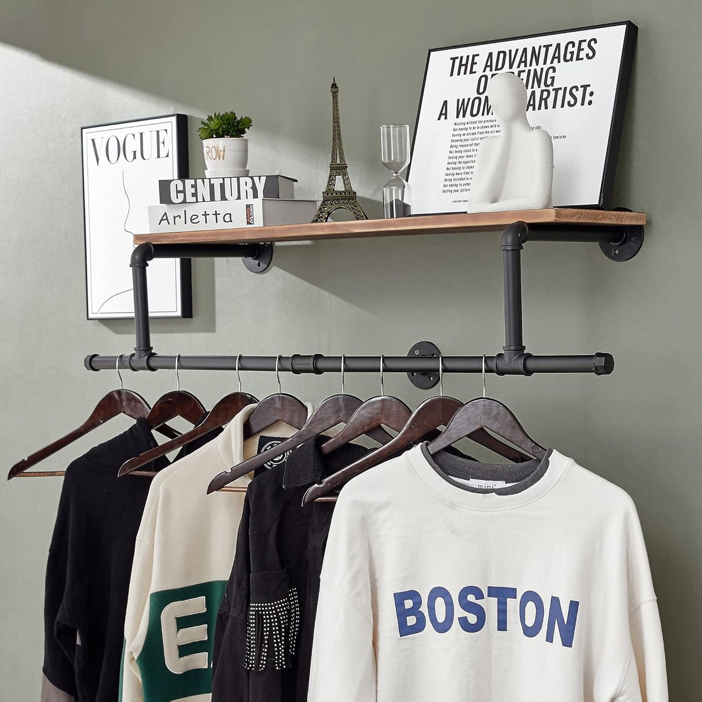 36In Industrial Pipe Clothing Rack with Top Shelf, Space-Saving Wall Mounted Clothes Rack, Shelf with Hanging Rod for Closet Storage, Laundry Room. (1T, Brown)…