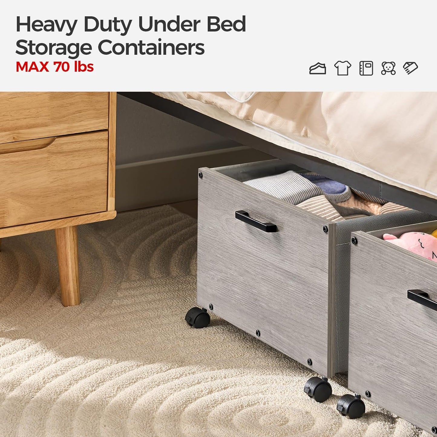 Under Bed Storage with Wheels, Wooden Under Bed Drawers On Wheels, Rolling Under Bed Shoe Storage, Space Saving,70L