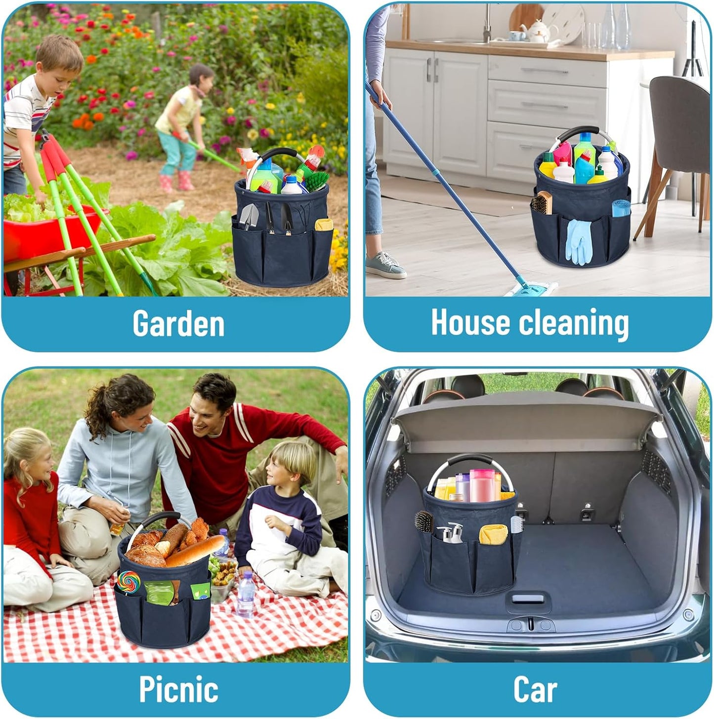 Cleaning Caddy with Handle, 17L Cleaning Supply Caddy Foldable Bucket Organizer Cleaning Products Organizers Cleaning Tools Bag 4.5 Gallon(Navy blue)