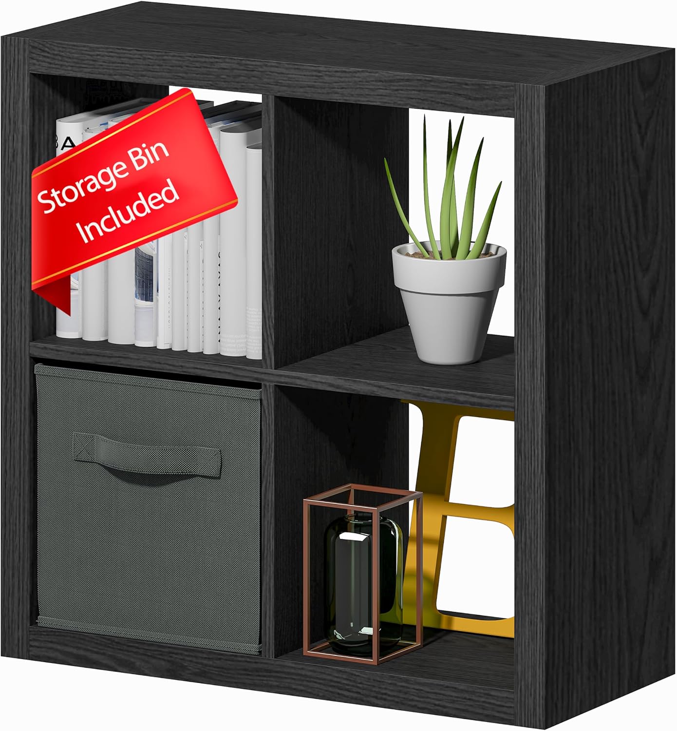 Bookshelf with Storage Bin, 4-Cube Storage Organizer, Modern Wood Open Bookcase, Multifunctional Display Shelf for Living Room, Bedroom, Home Office, Black