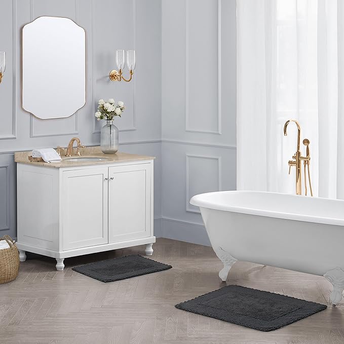 Laura Ashley Ruffle Border 100% Cotton Bath Rug Set, Dark Gray, 17" x 24"/ 20" x 32"