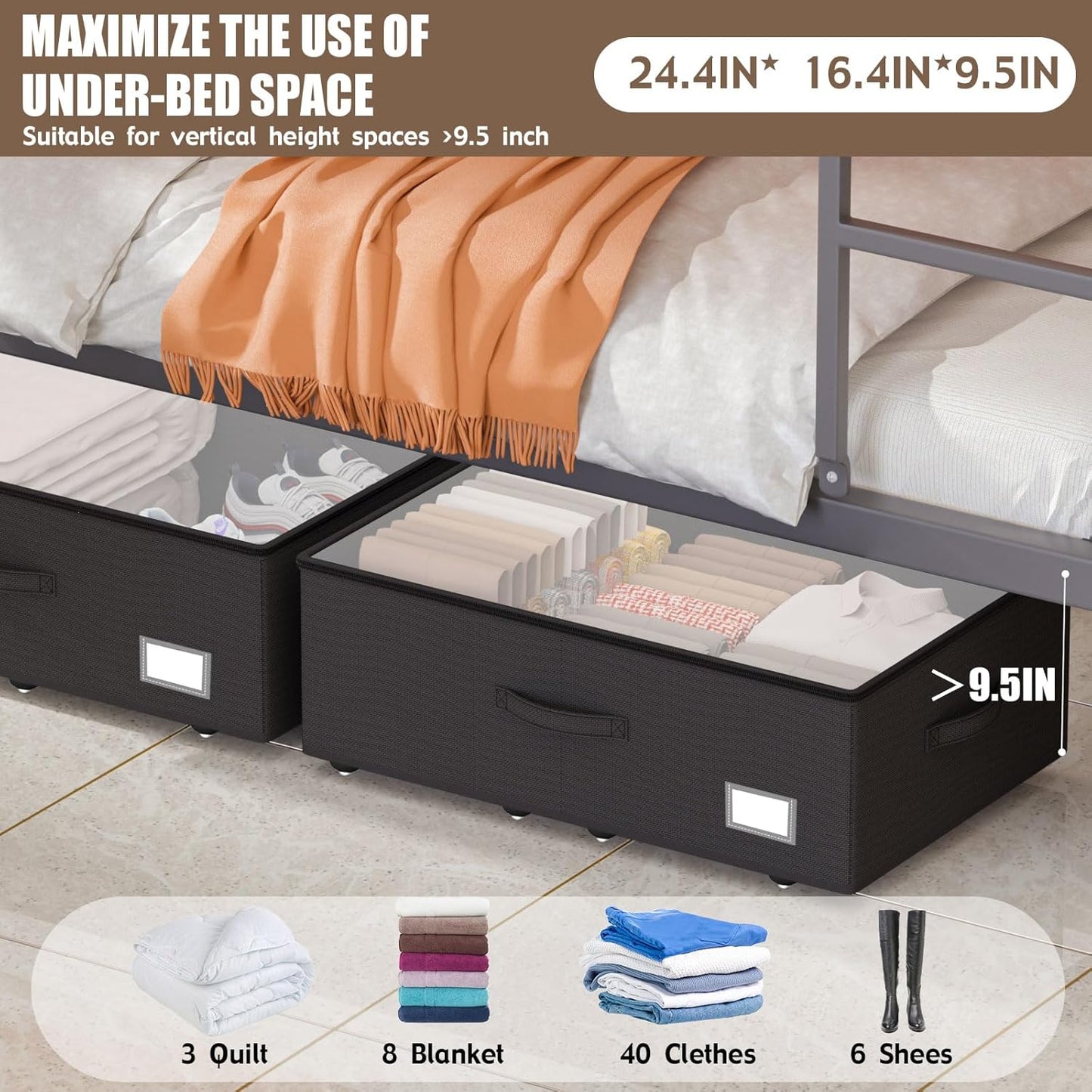 Underbed Storage Bins With Wheels, No Assemble Required 10 inches Height Large Capacity Rolling Underbed Shoe Storage Containers，Dorm Underbed Storage Drawers