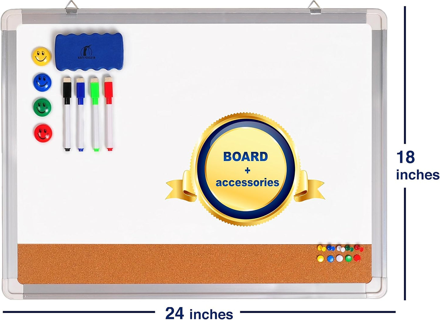 White Board Cork Board Combo - 24x18 in Dry Erase Board with Cork and 1 Magnetic Eraser, 4 Dry Wipe Markers, 4 Magnets and 10 Pins - Wall Hanging Whiteboard with Corkboard for Home and Office