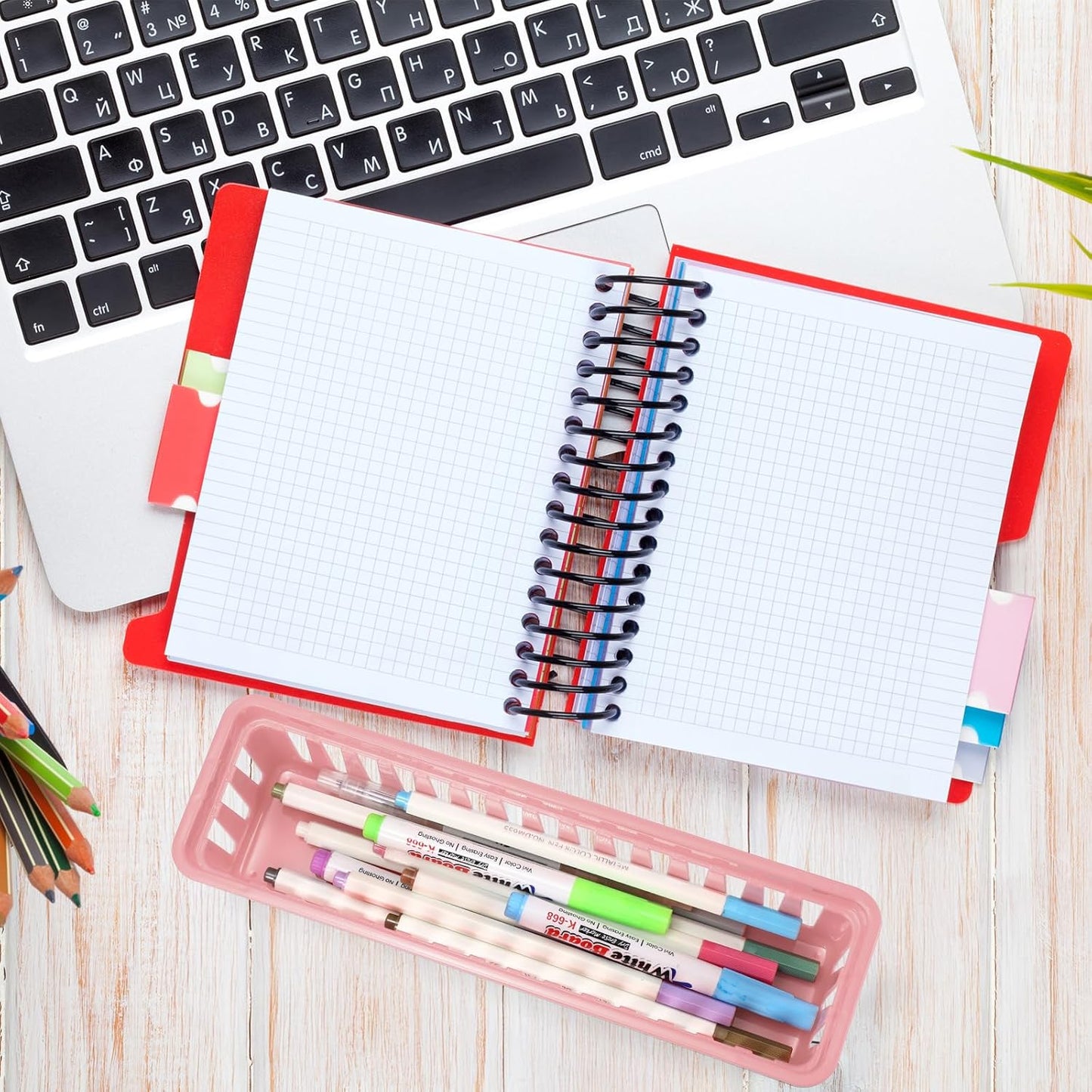 6 Pcs Morandi Slim Plastic Storage Baskets Tray 10 x 3 x 2.5 Inch Compact Stackable Desk Organizer for Office, Classroom, School Supplies, and Home Storage, Organization(Morandi)