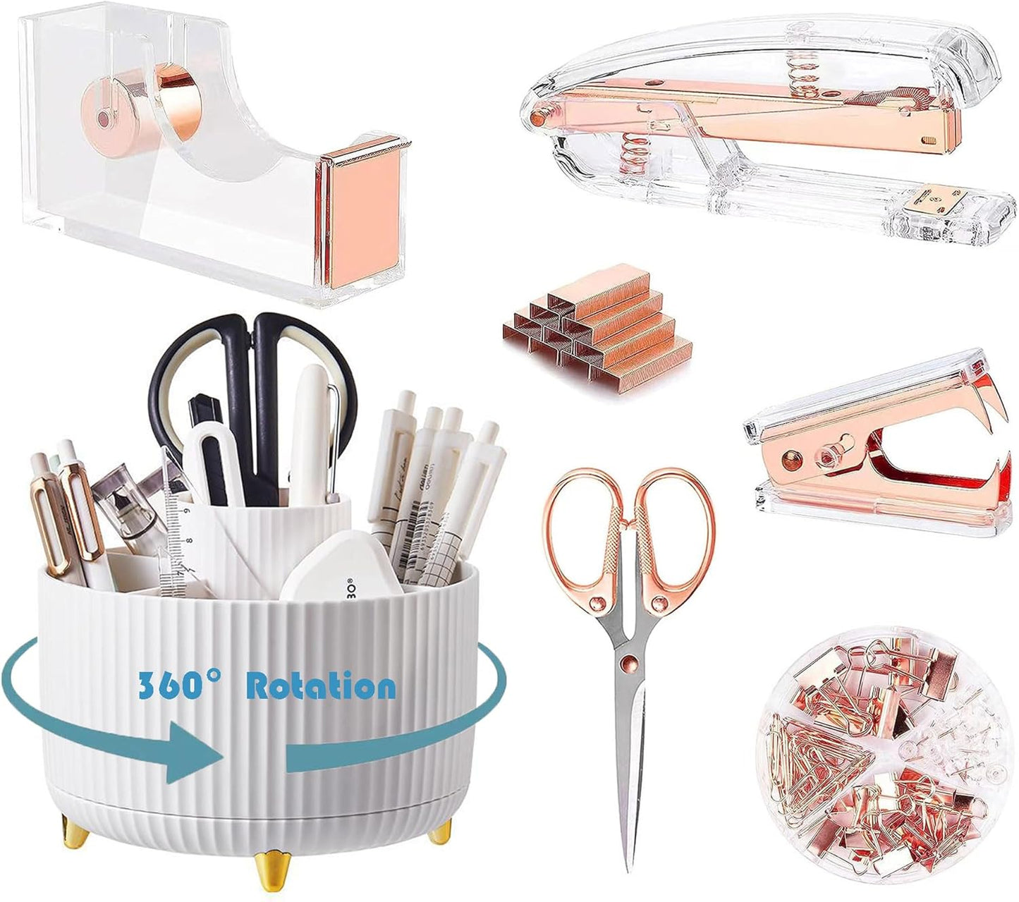 Desk Organizers and Accessories Set with 360-Degree Rotating Pen Holder, Acrylic Stapler, Tape Holder, Staple Remover, Binder/Paper Clips Kit, Scissor and 1 Box of Staples