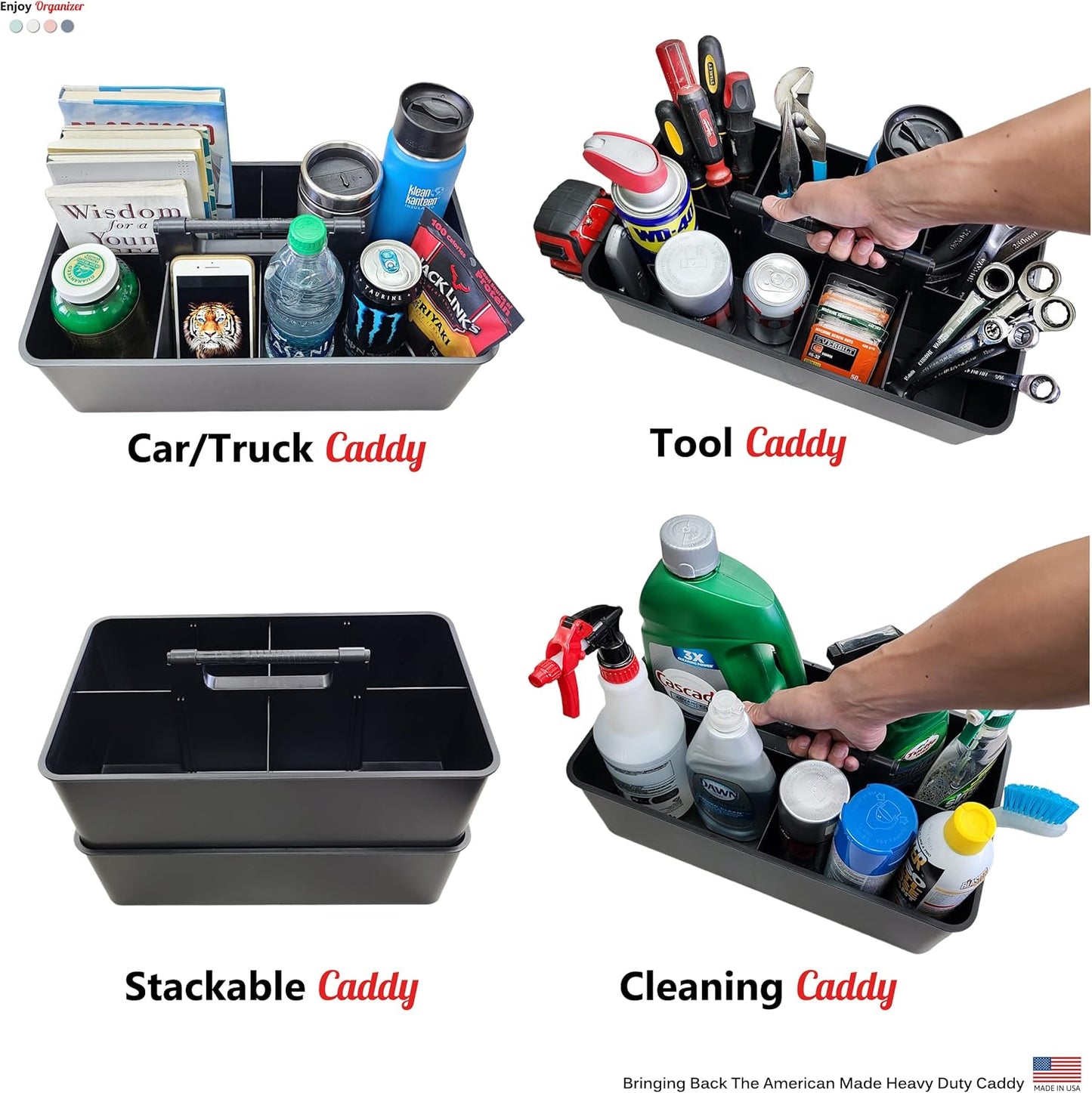 Enjoy Organizer- 2 Commercial Extra Large Portable Stackable Carry Caddy, Black, Carrier for Cleaning, Bathroom, Supplies, Tools, All-Purpose Made in USA (2)