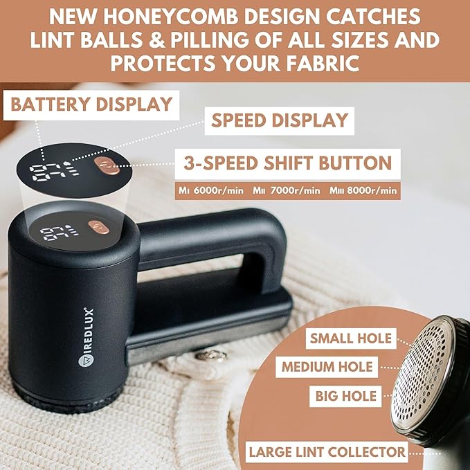 Rechargeable Fabric Shaver - Electric Lint Remover for Clothes & Couch - Adjustable 3-Speed, 6-Leaf Blade, LED Display, USB Charging - Depiller with Dual Protection (Midnight Black)