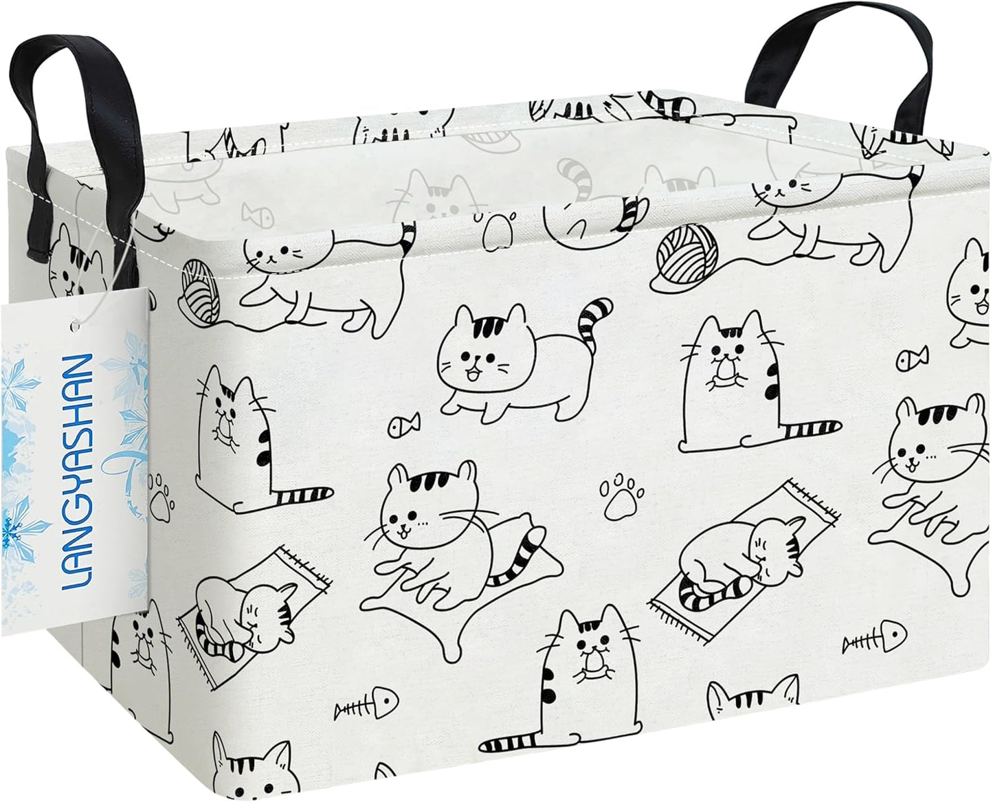 LANGYASHAN Rectangular Storage Bin Collapse Canvas Fabric Cartoon Storage Basket with Handles for Organizing Home Kitchen Boys and Girls Toys Office Closet Shelf Baskets (Rec Cat)