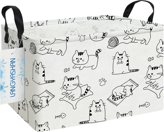 LANGYASHAN Rectangular Storage Bin Collapse Canvas Fabric Cartoon Storage Basket with Handles for Organizing Home Kitchen Boys and Girls Toys Office Closet Shelf Baskets (Rec Cat)