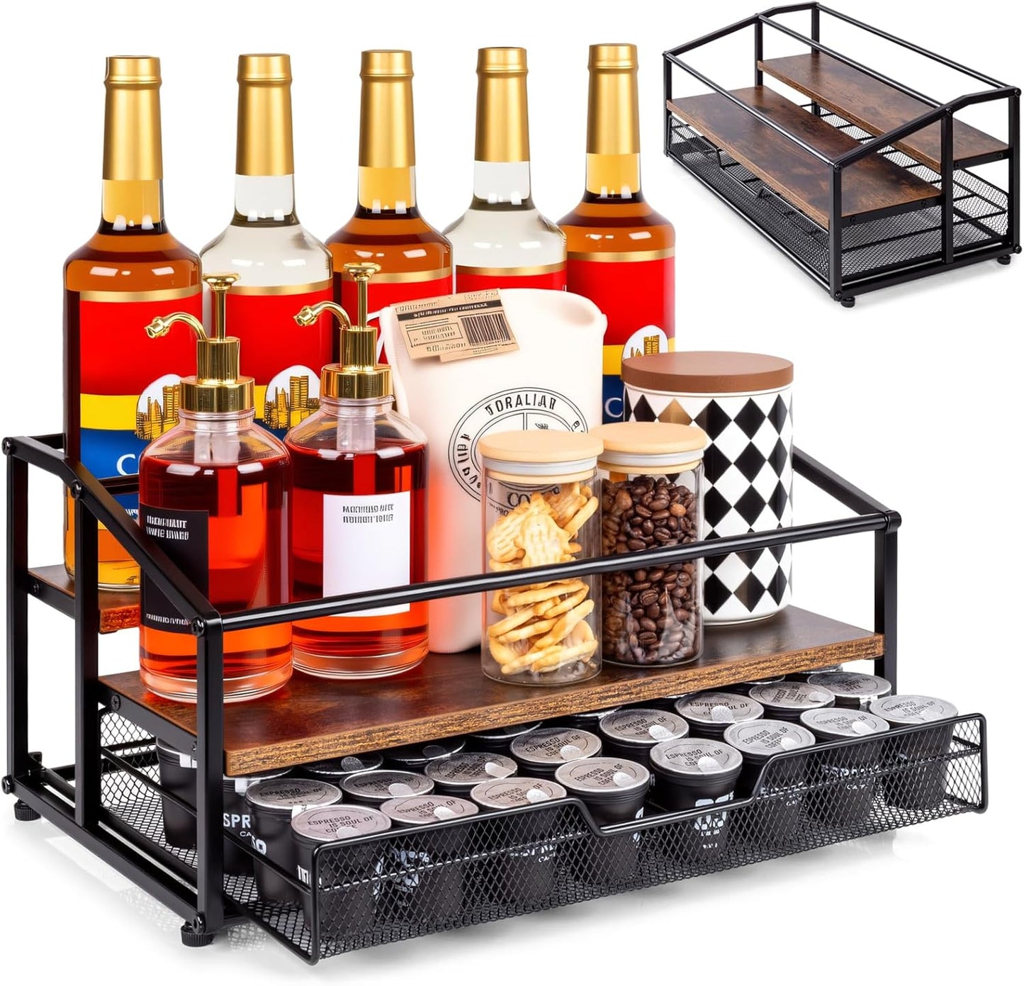 Coffee Syrup Rack Organizer, 3-Tier 10 Bottle Syrup Rack with 35 K Cup Darwer for Coffee Bar, Countertop Bottle Holder Stand for Dressing for Kitchen Cafe Station