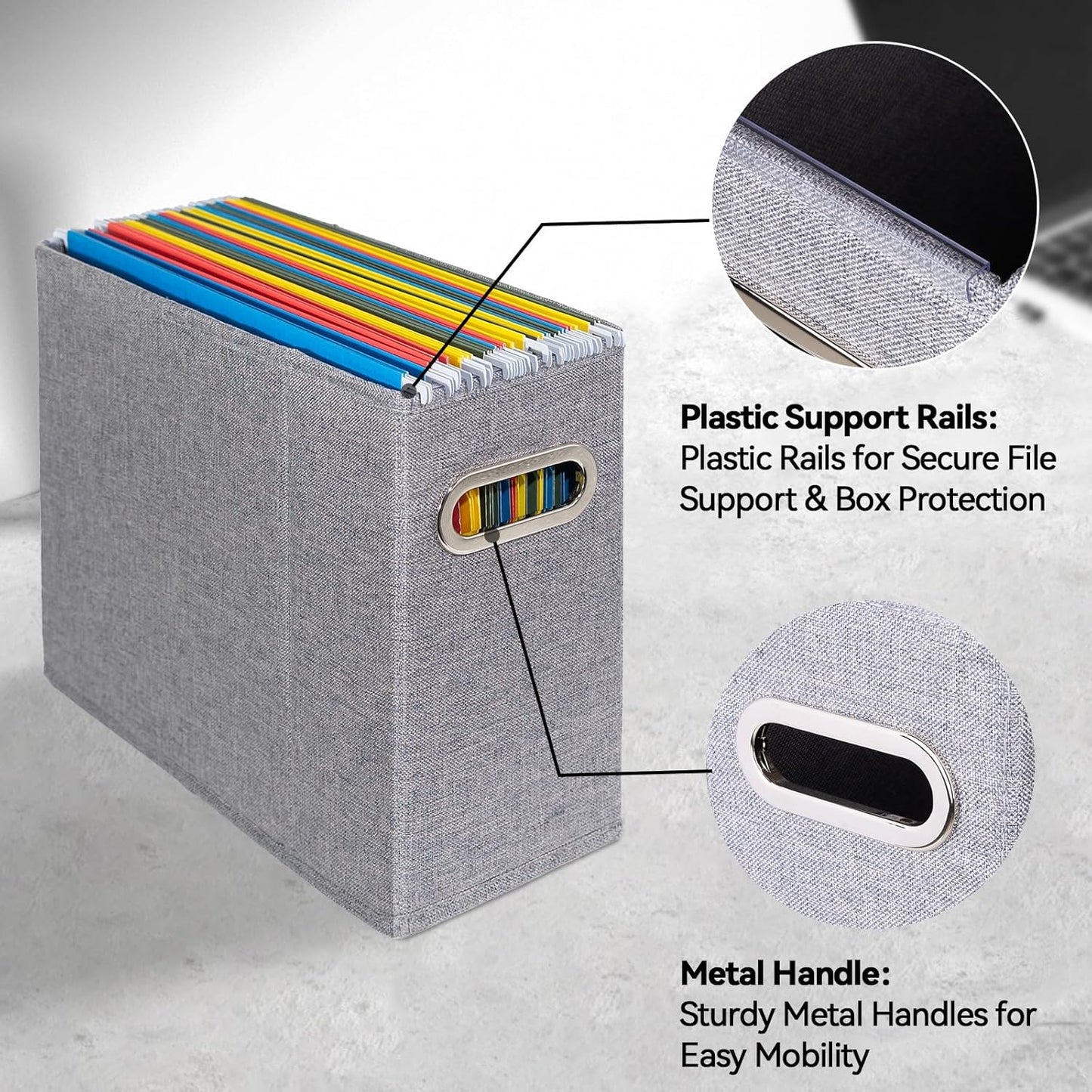 2 Packs Letter Size File Organizer, File Folders Organizer, Fabric Storage Box, Collapsible Paper Organizer with Metal Handle, Smooth PVC Rails, Only Box (Gray)