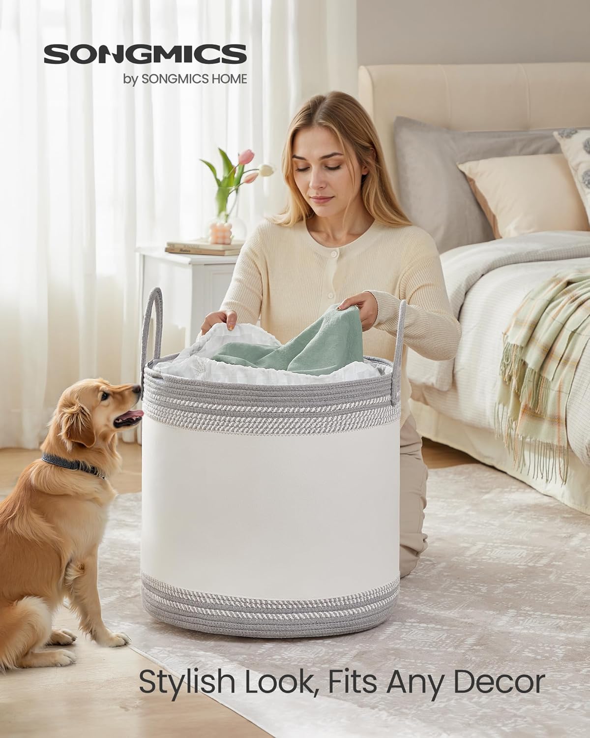 SONGMICS Laundry Hamper 90L, Laundry Basket with Handles, Laundry Bag with Lid, Cotton Rope, Drawstring, for Clothes, Blankets, Living Room, Bedroom, Dove Gray URLH090G01