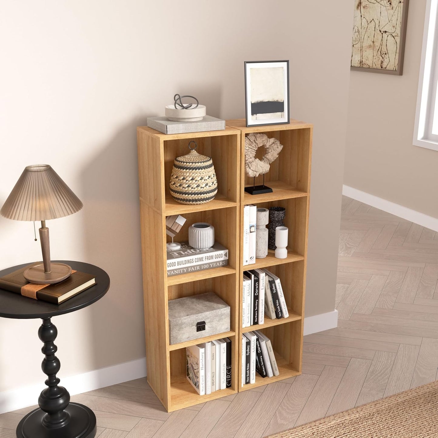 Wooden 4 Cube Storage Organizer, 4 Tier Storage Cubes Storage Display Cubby, 42 Inch Tall Versatile Cubes Shelf and Cubby Organizer for Any Space (Oak, 4 Cube-W(11.8inch)