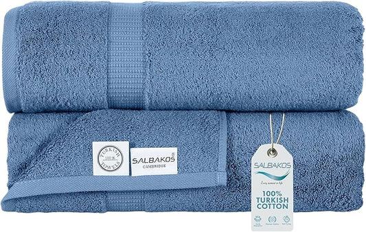 SALBAKOS 100% Turkish Cotton Extra Large Bath Sheet Set of 2 35x70 inch | Heirloom Quality | Hotel & Spa Collection | Soft, Absorbent Oversize Bath Towels | Made in Turkey (Blue, 2 Bath Sheets)