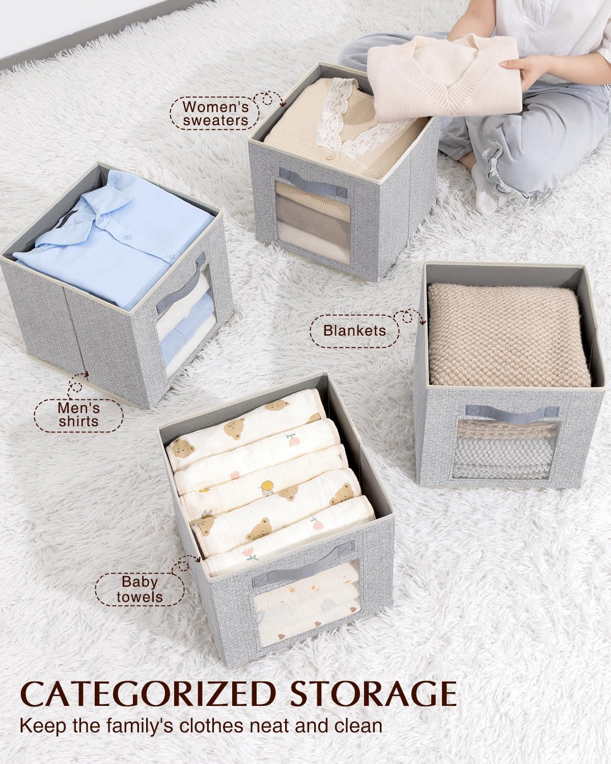 Foldable Storage Cubes - Square Organizer with Window, Decorative Baskets for Organizing, Fabric shelf Basket for Clothes, 11 Inch Closet Storage Cubes, Set of 12, Light Grey