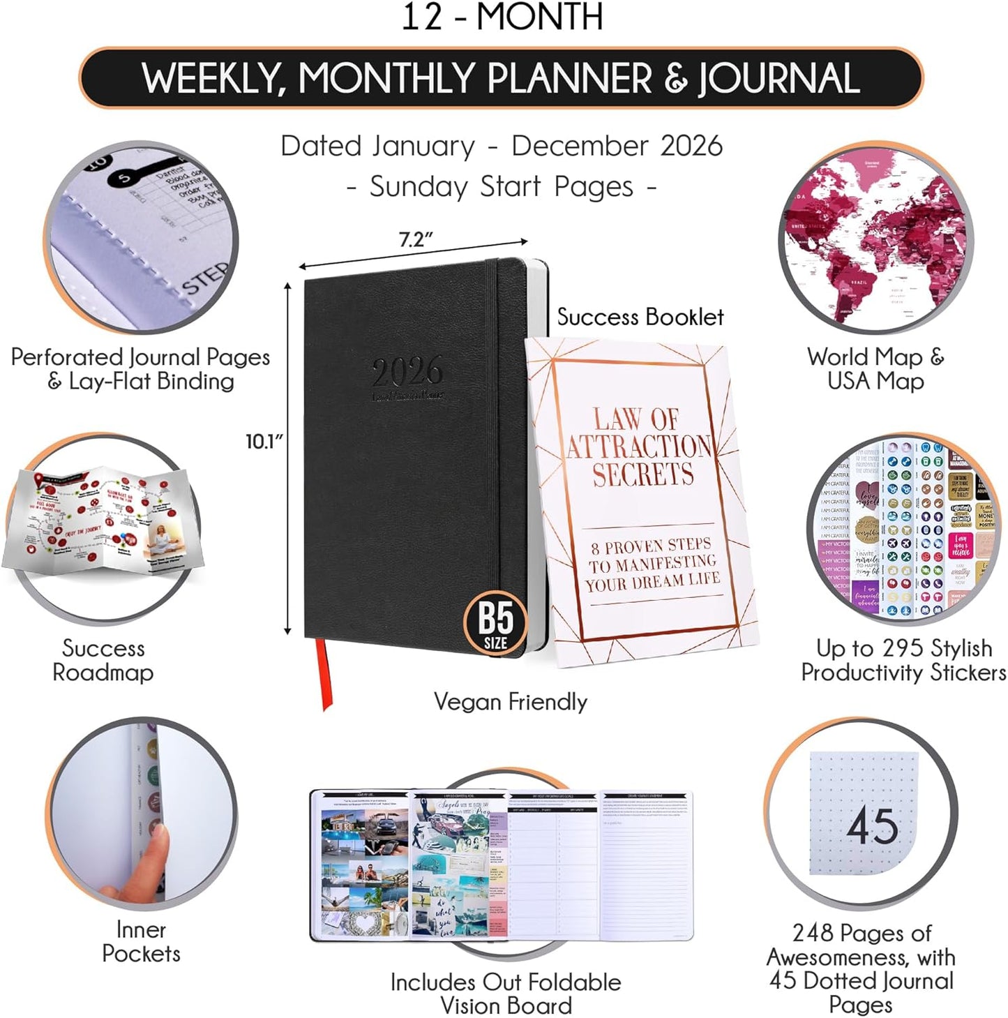 2026 Planner Weekly and Monthly | Law of Attraction Planner with Panduo App | A 12 Month Journey for Productivity, Gratitude & Goal Setting | Includes Foldable Vision Board, Gift Box & Stickers