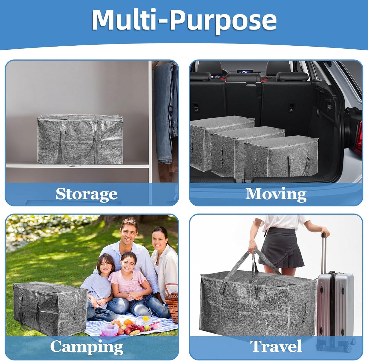 4 Pack-Extra Large Heavy Duty Moving Bags - Waterproof Storage Totes with Handles & Zippers, Foldable for College Dorm, Storage (Gray)