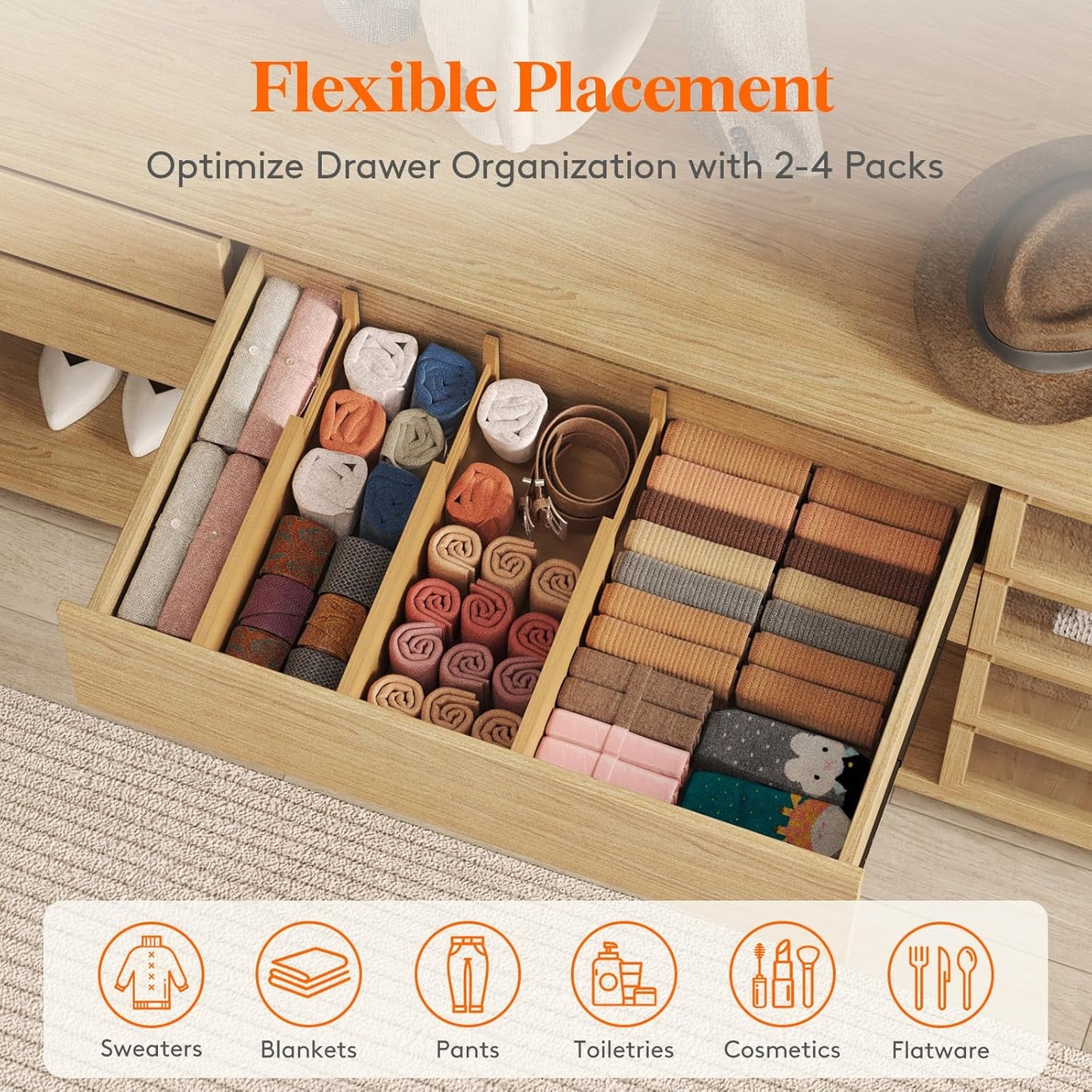 Lifewit 4 Pack 6" Deep Bamboo Drawer Dividers, 13-16.5" Expandable Drawer Organisers for Clothes, Adjustable Dresser Drawer Divider, Clothing Drawers Separators for Dresser, Bedroom, Bathroom, Office
